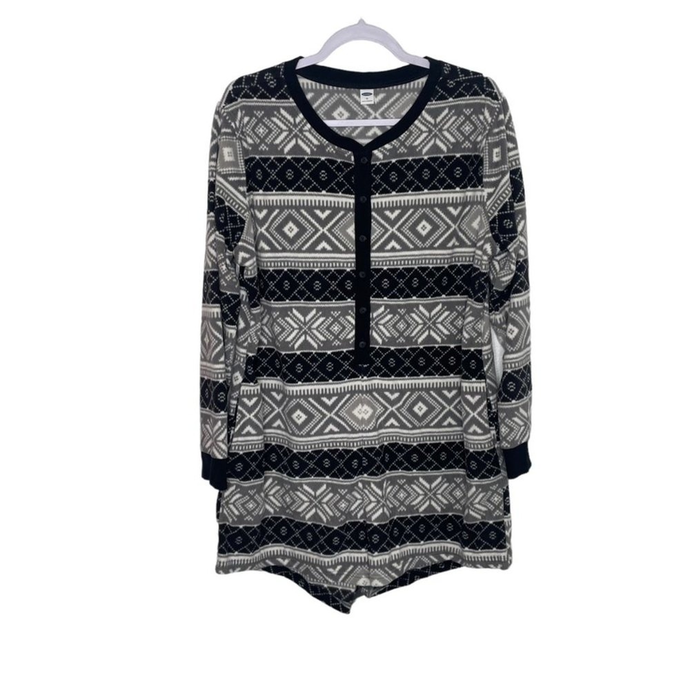 Old Navy Womens XL Black Gray Fair Isle Fleece Sleep Romper Long Sleeve Henley